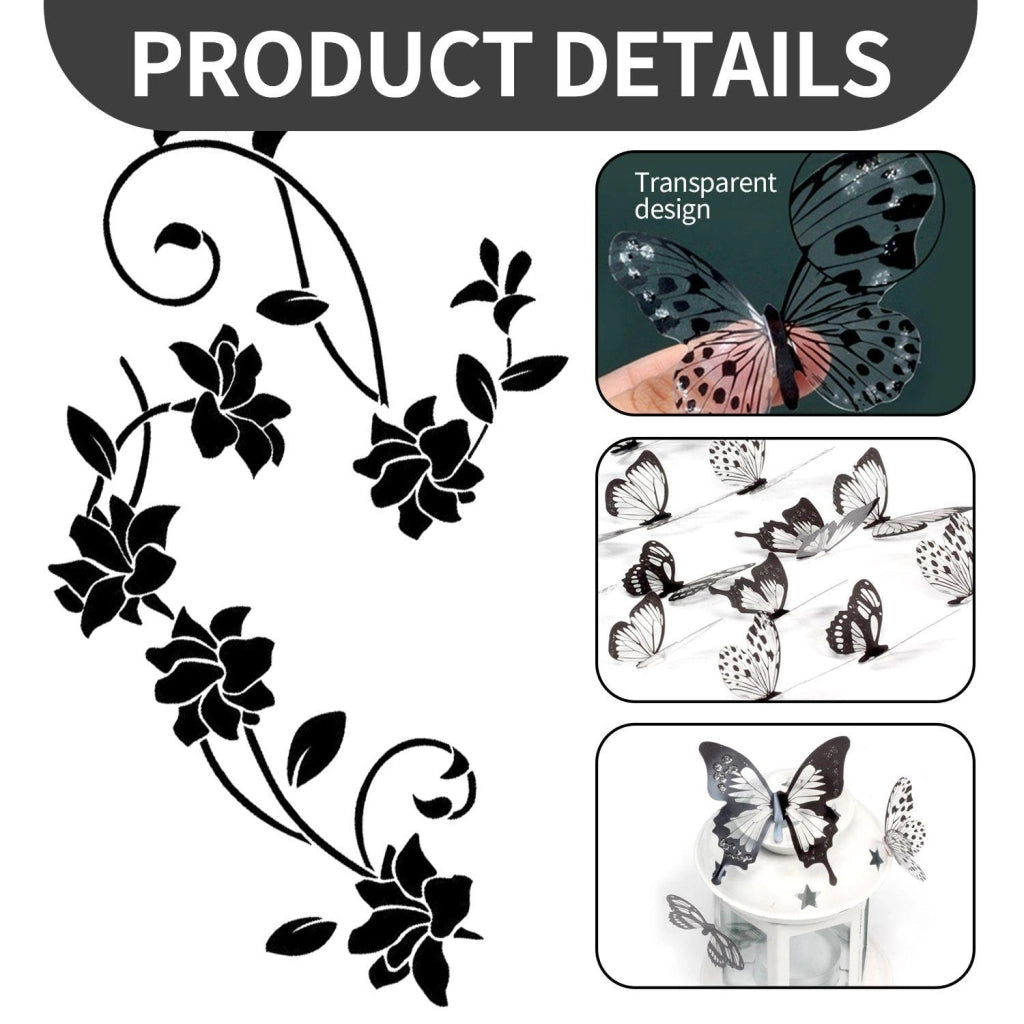 Set di adesivi per pareti: 2 rami di fiori + 18 farfalle, in PVC, colore nero