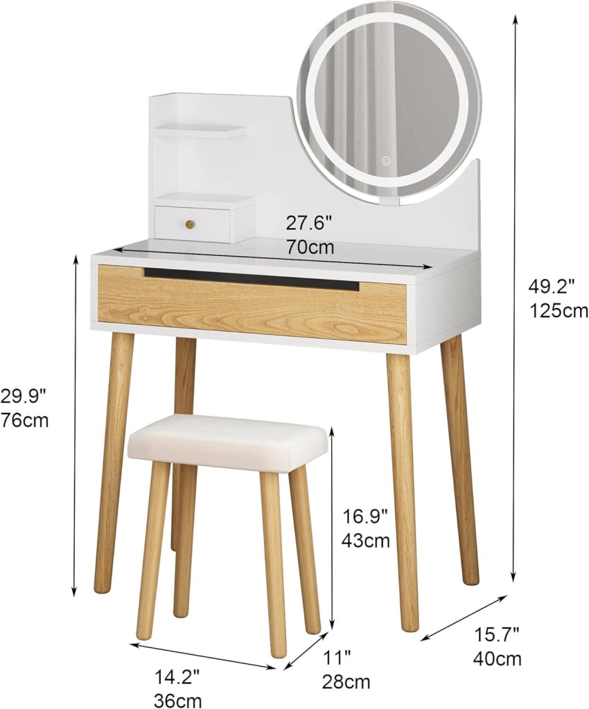 Toilette Moderna con Specchio LED e Sgabello - 2 Cassetti - 3 Modalità di Illuminazione Regolabili per Camera
