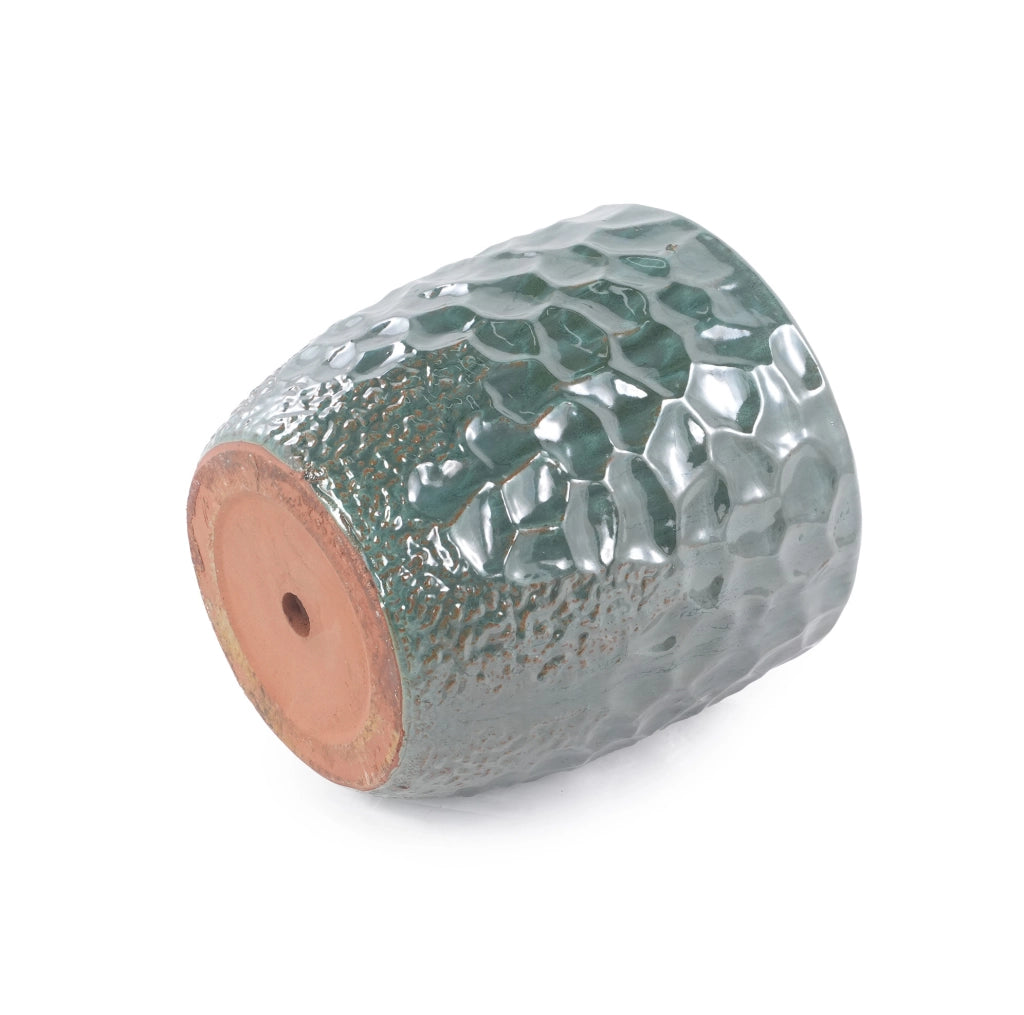 Vaso in ceramica verde scuro Ø 38 cm con rilievo e foro di drenaggio