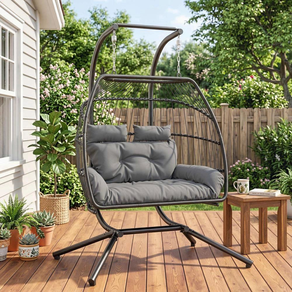 Poltrona Sospesa Pieghevole 2 Posti in Polyrattan e Acciaio con Cuscino, Grigio Scuro, Portata 260 kg, per Casa e Giardino