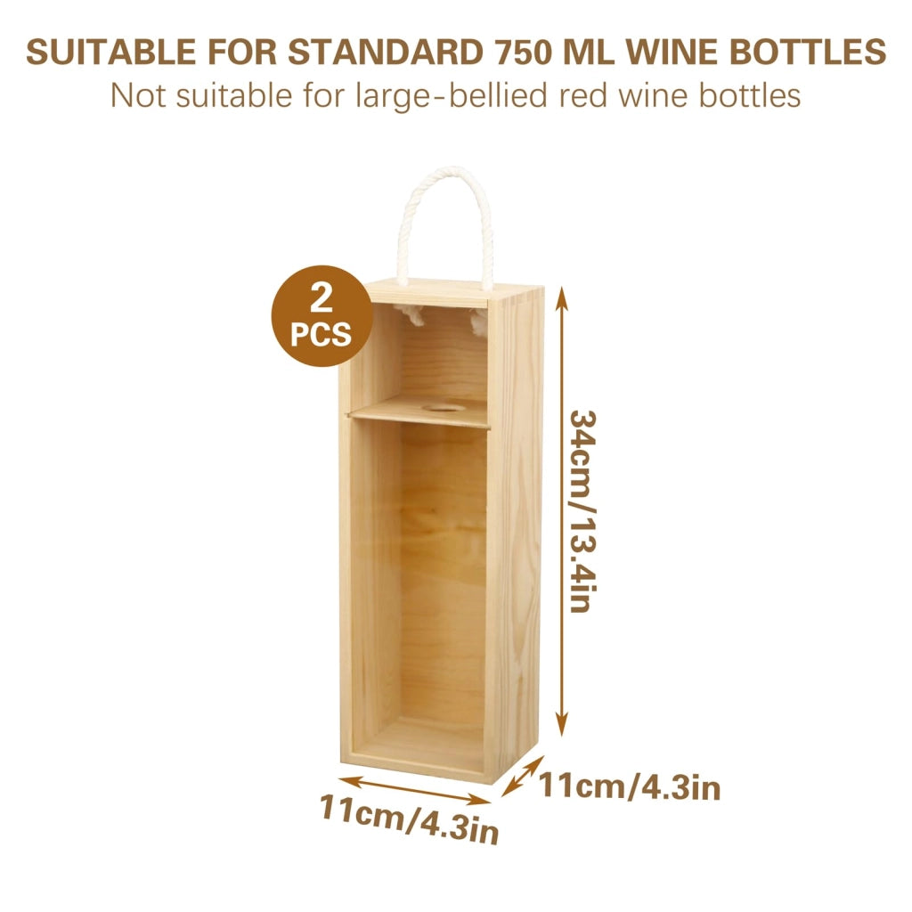 2 scatole in legno per vino, con coperchio scorrevole e maniglie, dimensioni 34x11x11 cm