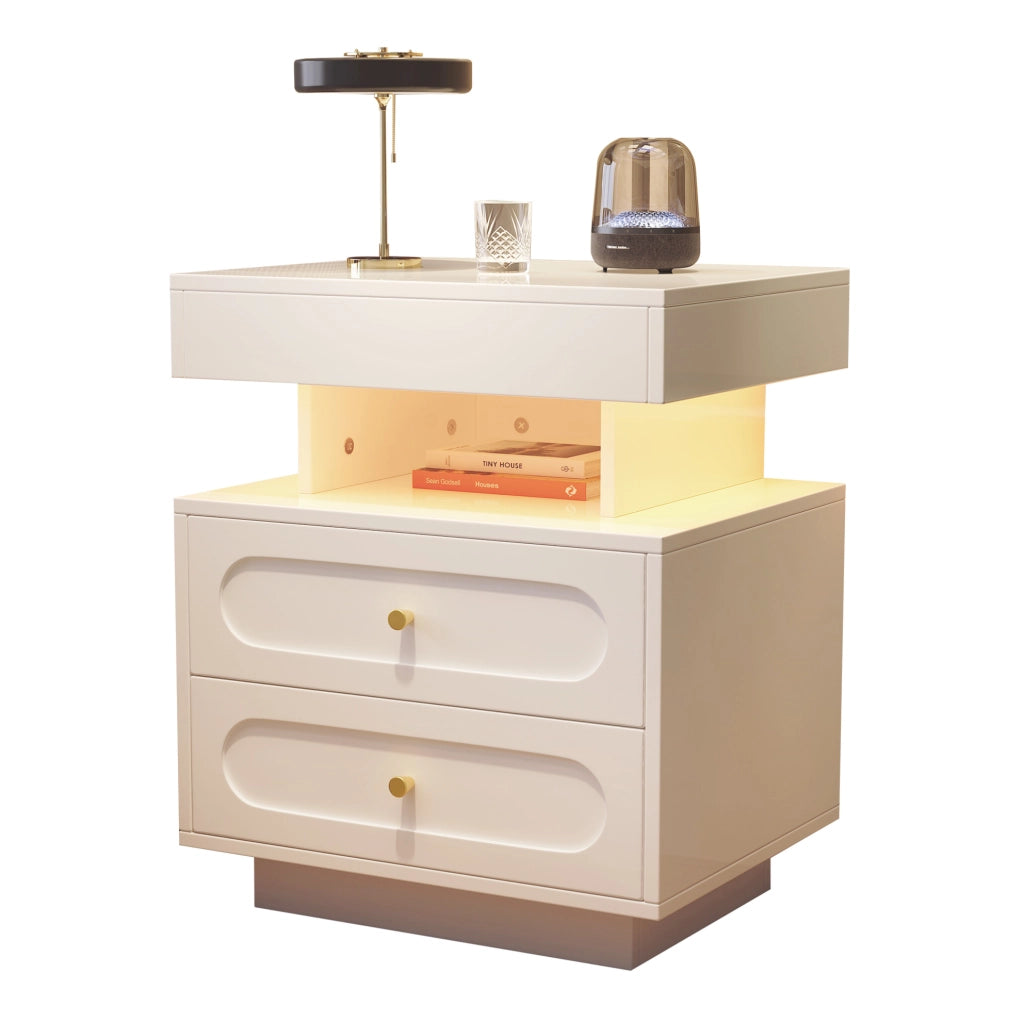Comodino bianco con LED, 2 cassetti e ripiano aperto, 50x40x60 cm