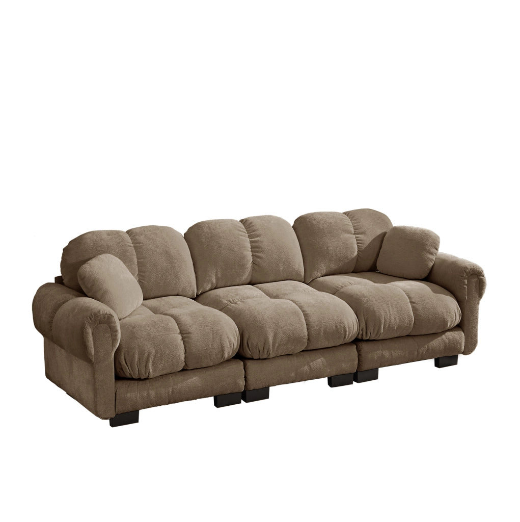Divano 3 posti 260x86x90 cm in ciniglia marrone modulare con 2 cuscini déco