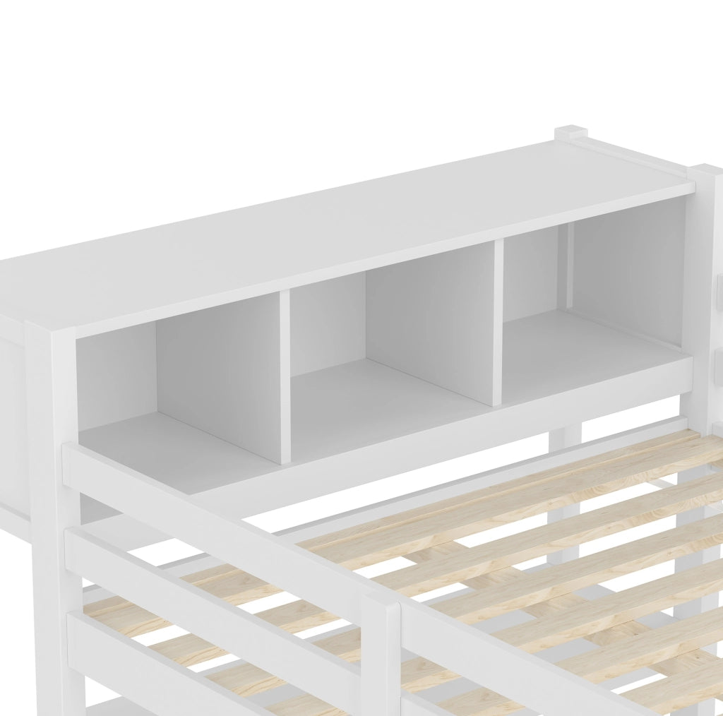 Letto a soppalco 140x200 cm con scrivania, armadio e ripiani, bianco, senza materasso