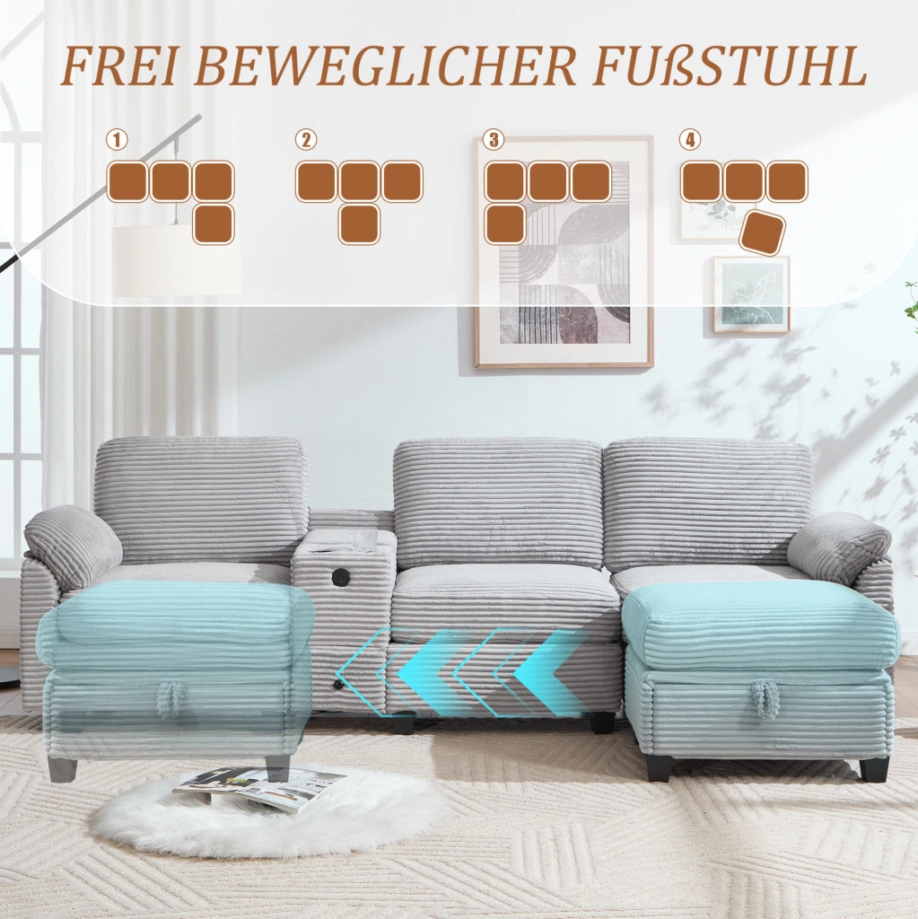 Divano ULEVR 266x136x82 cm in velluto a coste grigio chiaro, con console scorrevole, USB-C e pouf contenitore