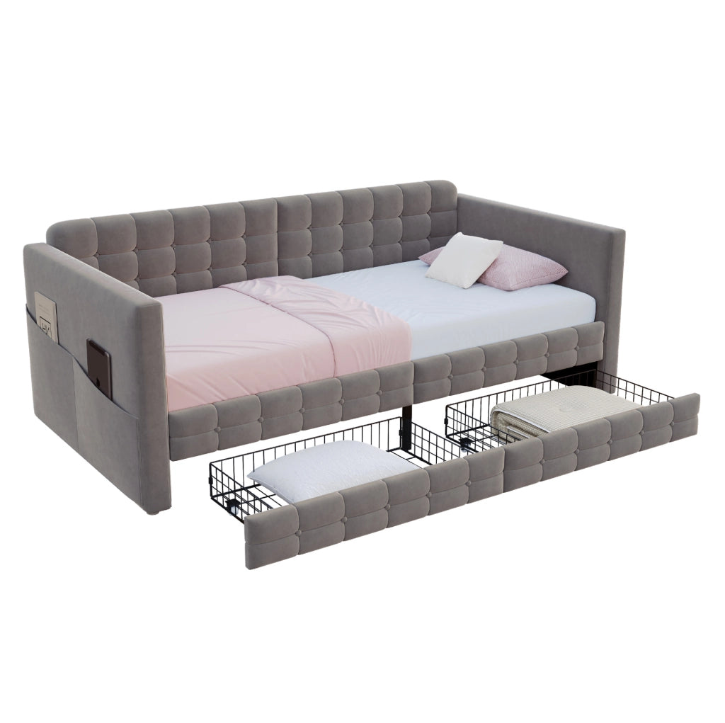 Letto Singolo 90x190 cm in Velluto Grigio con Contenitori Laterali e Due Cassetti Sotto il Letto