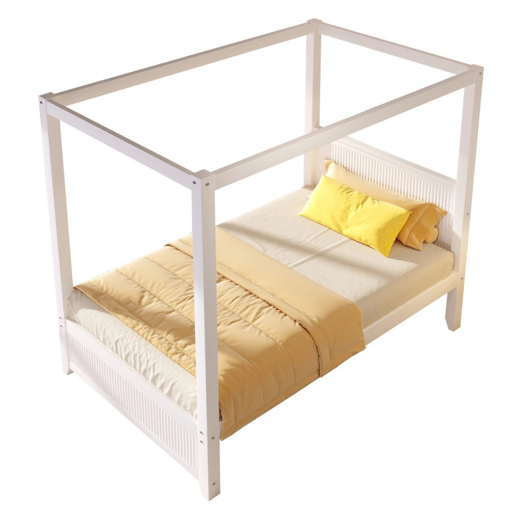 Letto a baldacchino in legno 90x200 cm bianco con cornice decorativa e doghe verticali