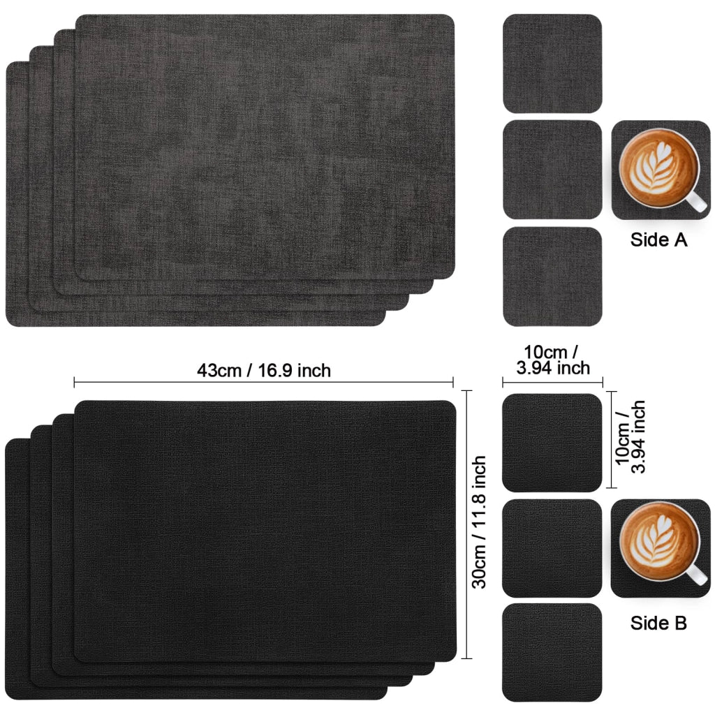 Sottopiatti e tovagliette in ecopelle, set da 6 pezzi, 43x30 cm, grigio e nero