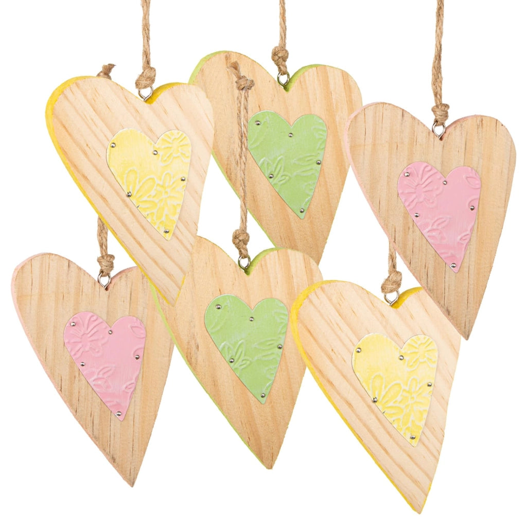 Ciondoli a forma di cuore in legno, con cordoncino, 14 cm, confezione da 6 pezzi, colori naturali/pastello