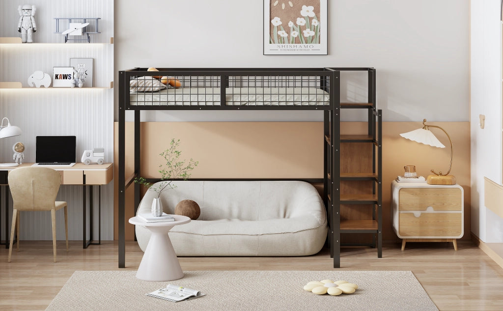 Letto a soppalco 140 × 200 cm con scala armadio e rete a doghe in metallo nero