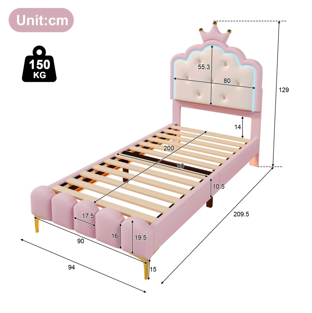 Letto imbottito principessa 90x200 cm con rete a doghe e luce ambiente rosa in PU