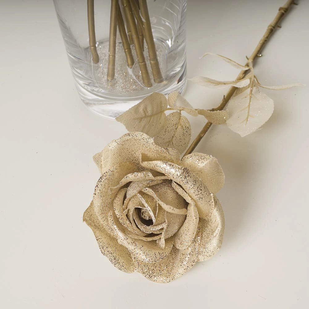 Rosa artificiale con effetto glitter che si illumina al buio, altezza 69 cm, color oro, lavabile