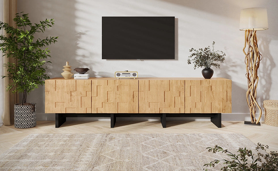 Mobile TV in legno naturale 180×38,5×45 cm per televisori fino a 75 pollici con 4 ante a motivo a nido d'ape