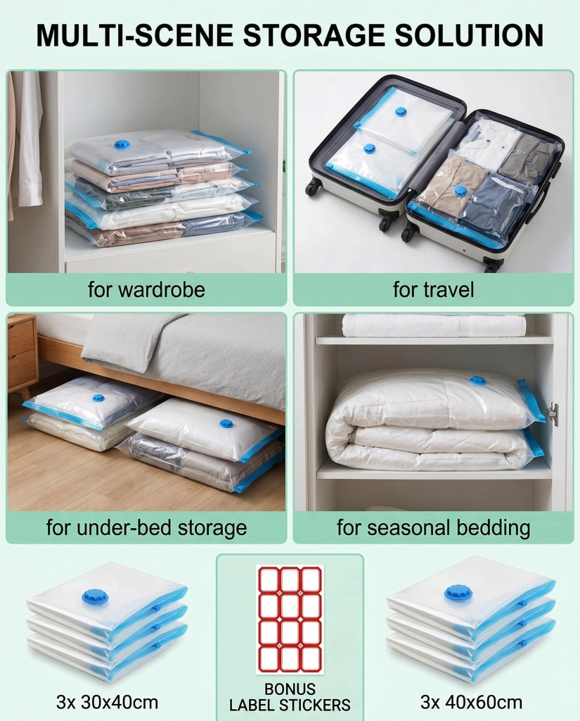 Set di 6 sacchetti sottovuoto, dimensioni 30x40 cm e 40x60 cm, riutilizzabili, salvaspazio