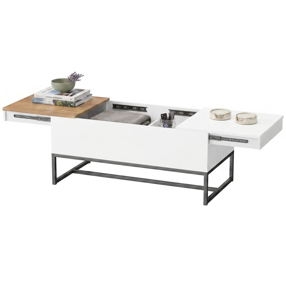 Tavolino da Salotto Estensibile con Piano Scorrevole, Tavolino Basso con Vano Contenitore Nascosto e Piedi in Acciaio, Bianco e Rovere