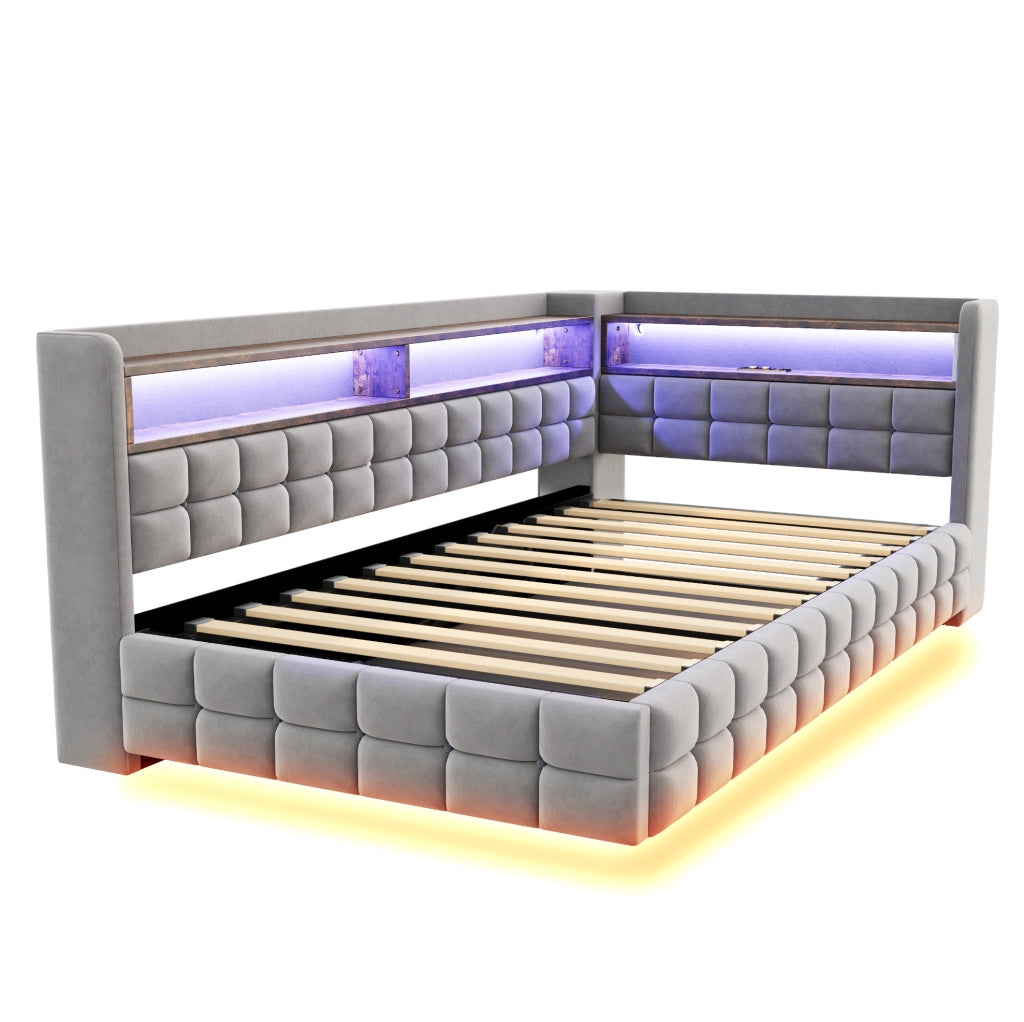 Divano letto imbottito 90 × 200 cm grigio chiaro con contenitore e LED