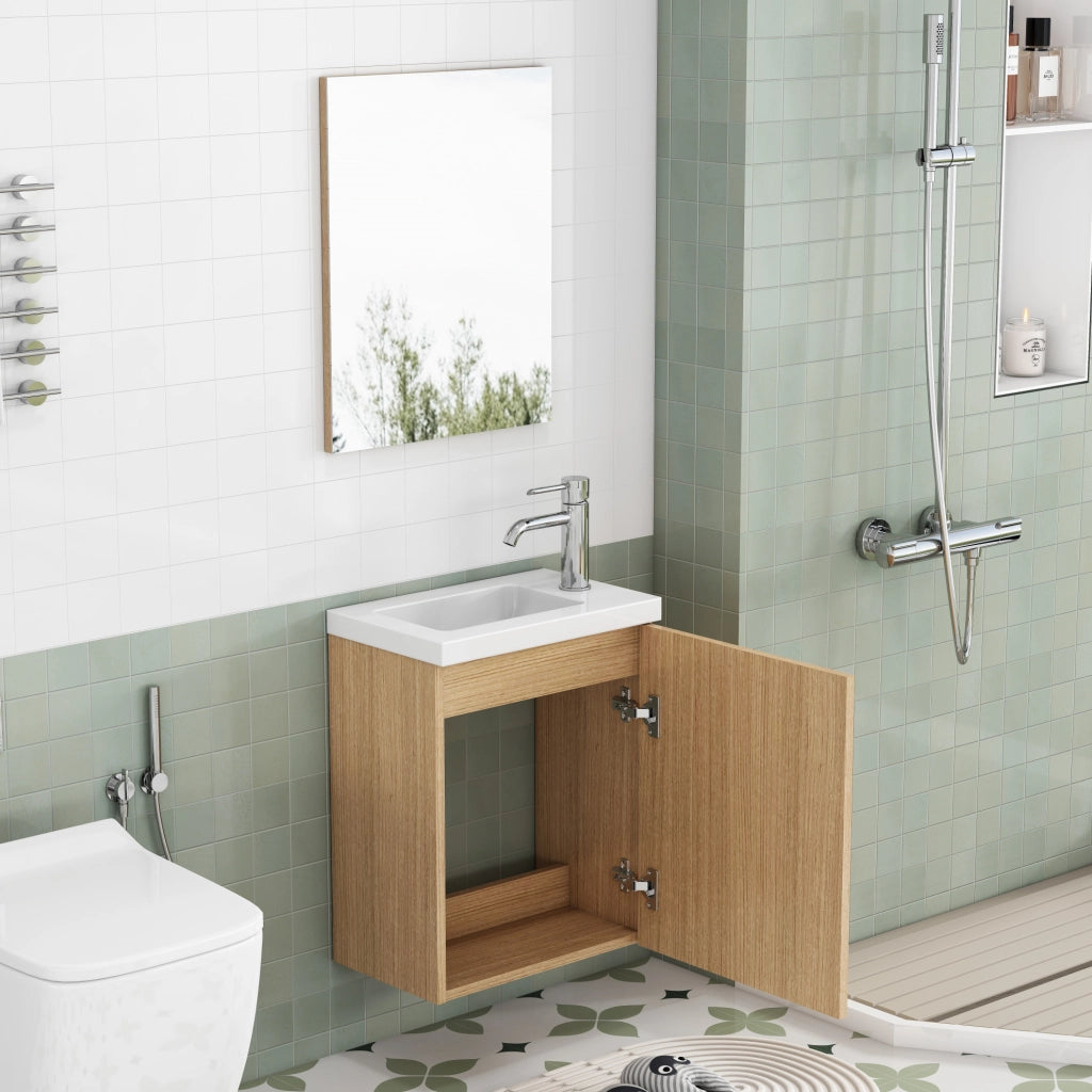 Mobile bagno sospeso rovere con lavabo in ceramica e specchio