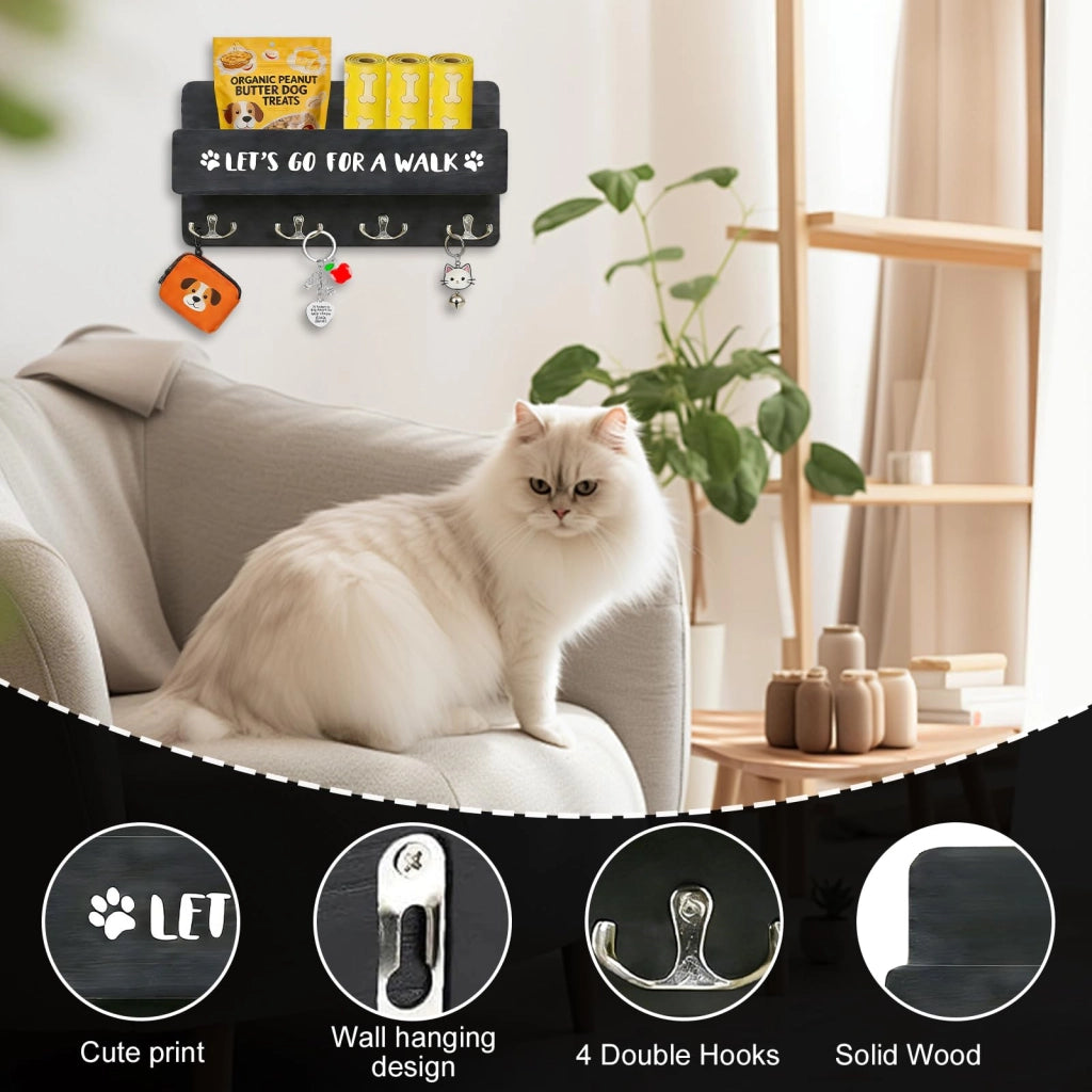 Portachiavi da parete a forma di cappotto per cani, con ripiano, 8 ganci, legno, nero