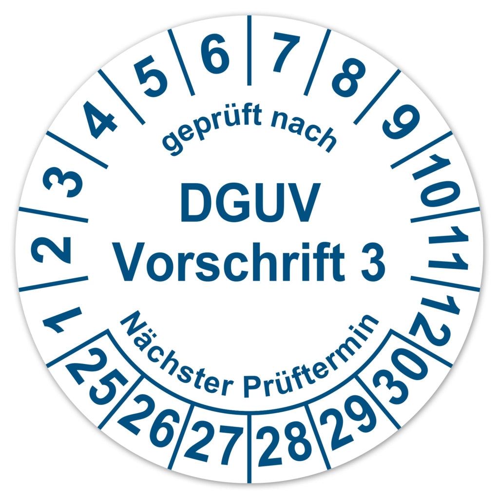 Etichetta di controllo da 30 mm, conforme alla norma DGUV V3, validità 2025-2030, in vinile, confezione da 100 pezzi