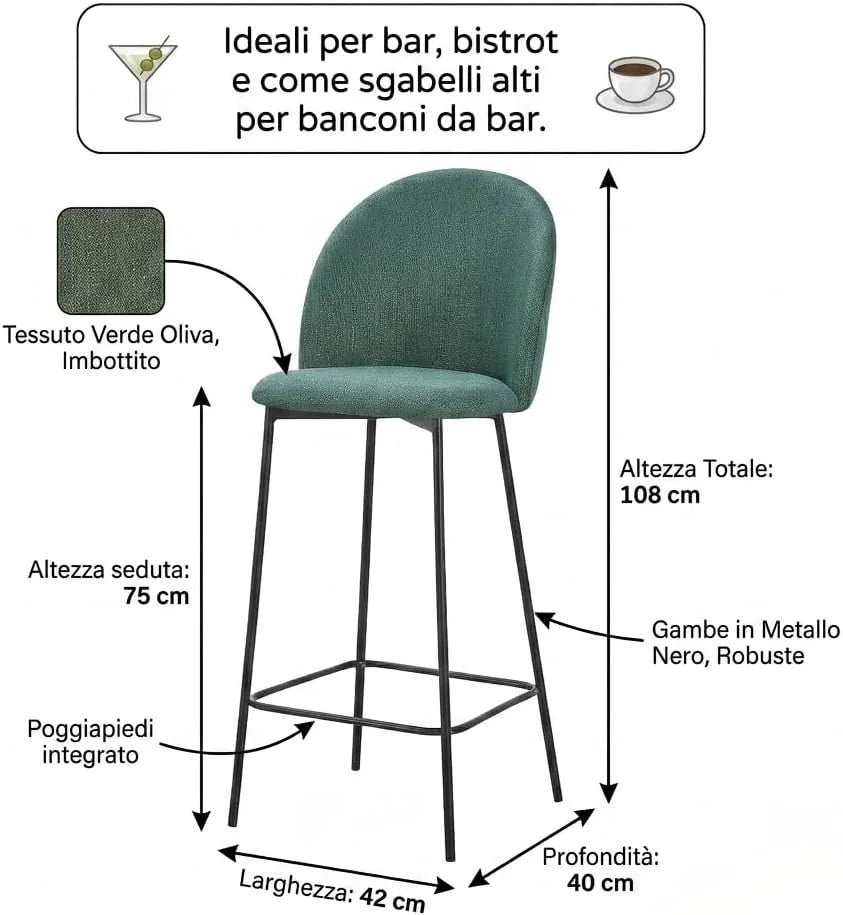 Set 4 Sgabelli VIDIA in Tessuto Verde Oliva con Gambe Nere, Schienale Imbottito e Poggiapiedi