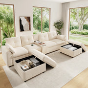 Divano panoramico modulare a 6 posti in chenille beige con console USB Type-C e 2 pouf contenitore 84.5 × 316 × 140 cm