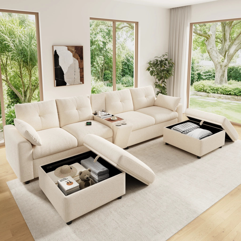 Divano panoramico modulare a 6 posti in chenille beige con console USB Type-C e 2 pouf contenitore 84.5 × 316 × 140 cm