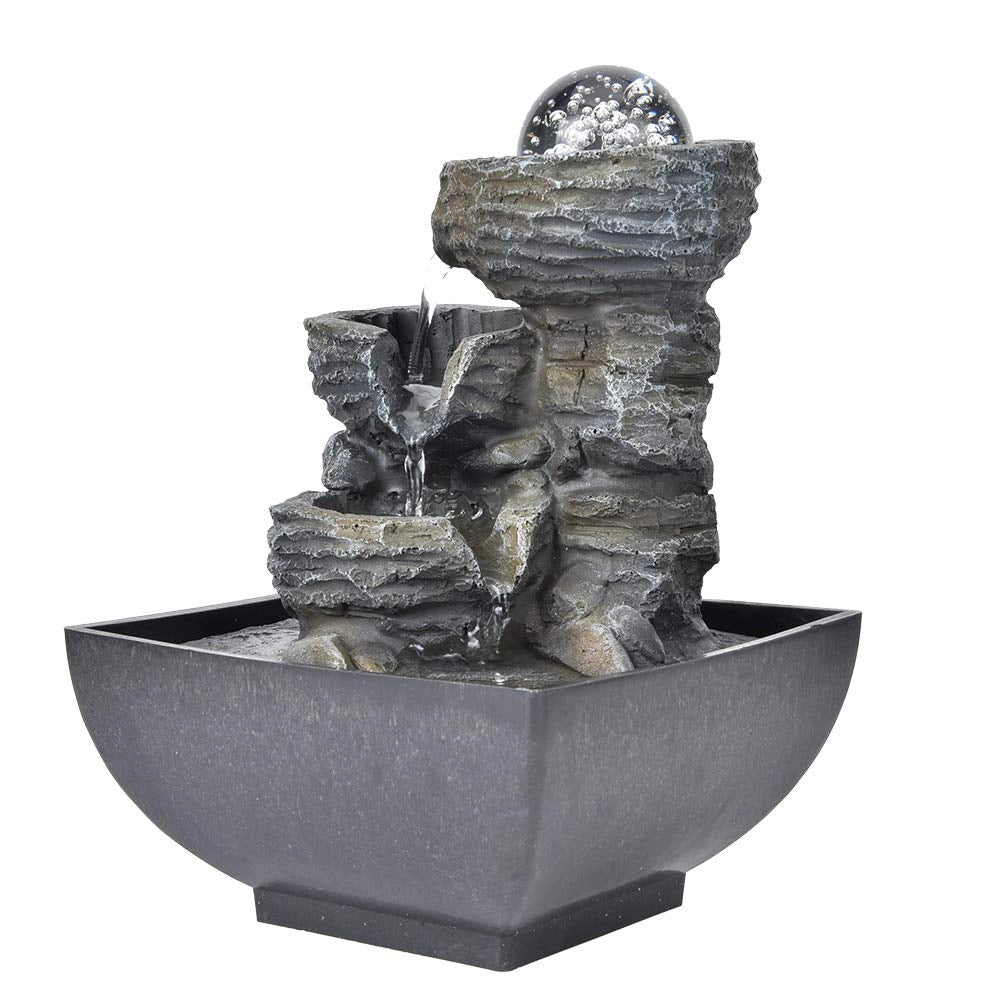 Fontana da tavolo con illuminazione a LED, effetto cascata, dimensioni 19x13x13 cm, realizzata in resina
