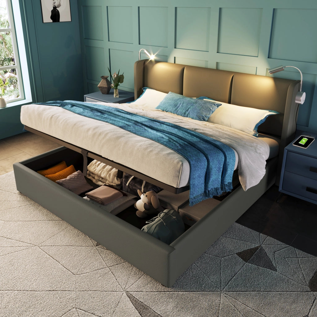 Letto matrimoniale 180x200 cm contenitore con apertura idraulica, ecopelle PU grigia e lampade da lettura