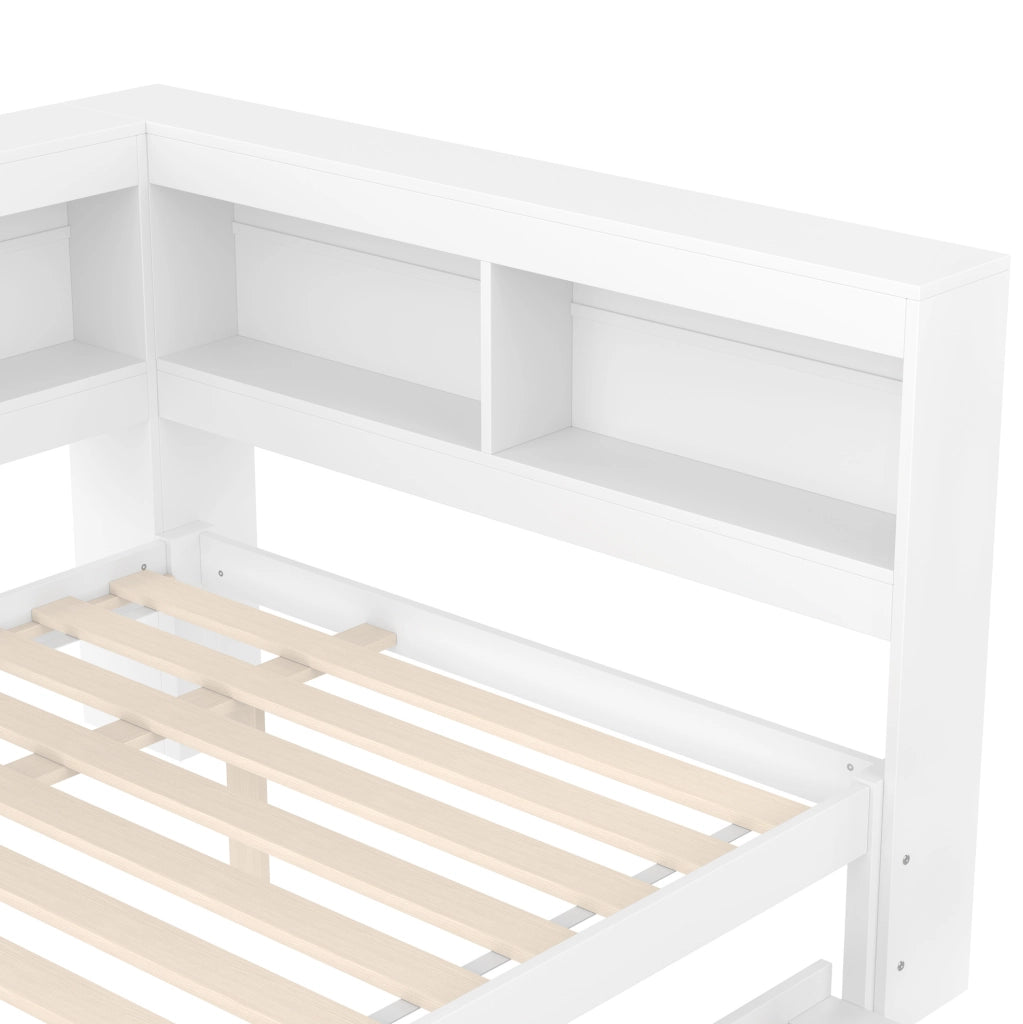 Divano letto 219x167x90 cm con letto estraibile, 2 cassetti e 2 porte USB in legno bianco