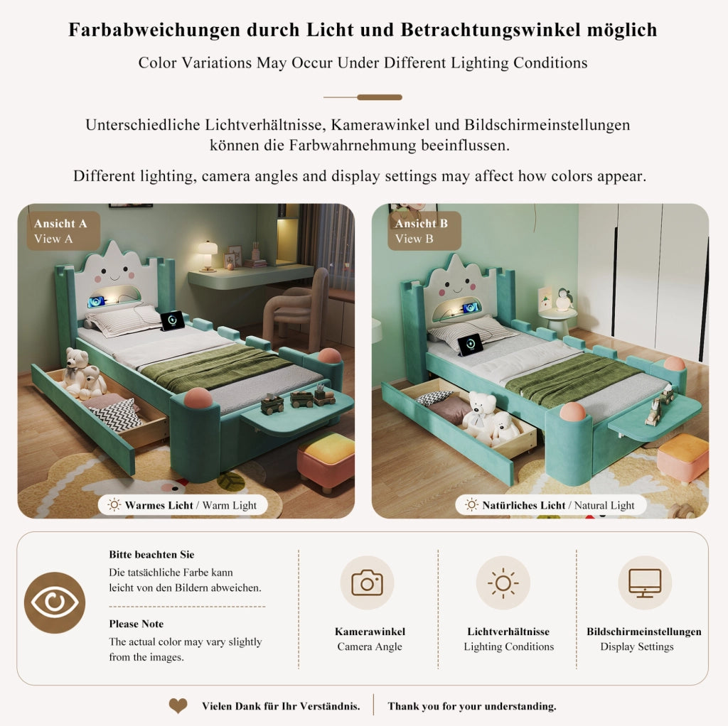Letto singolo imbottito per bambini 90x200 cm con cassetto; USB e lampada; blu verde
