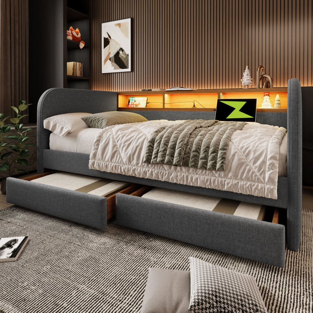 Struttura letto 140 × 190 cm con LED USB e type C due cassetti testiera con ripiano in lino grigio