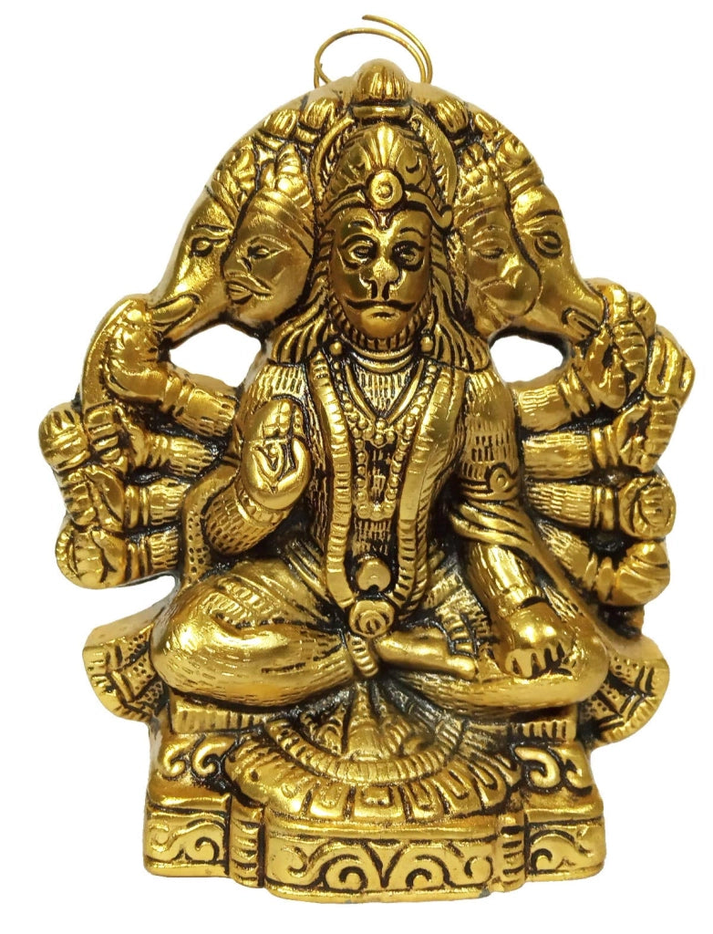 Supporto a parete in metallo, rappresentante Hanuman con cinque facce, color oro