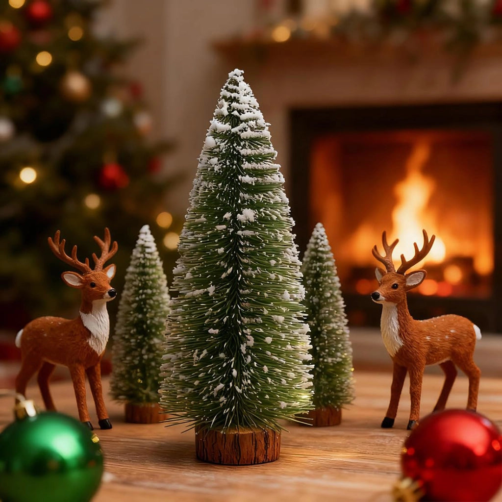Set di mini alberi di Natale, 9 pezzi, altezza 10/15/20 cm, con effetto neve, base in legno