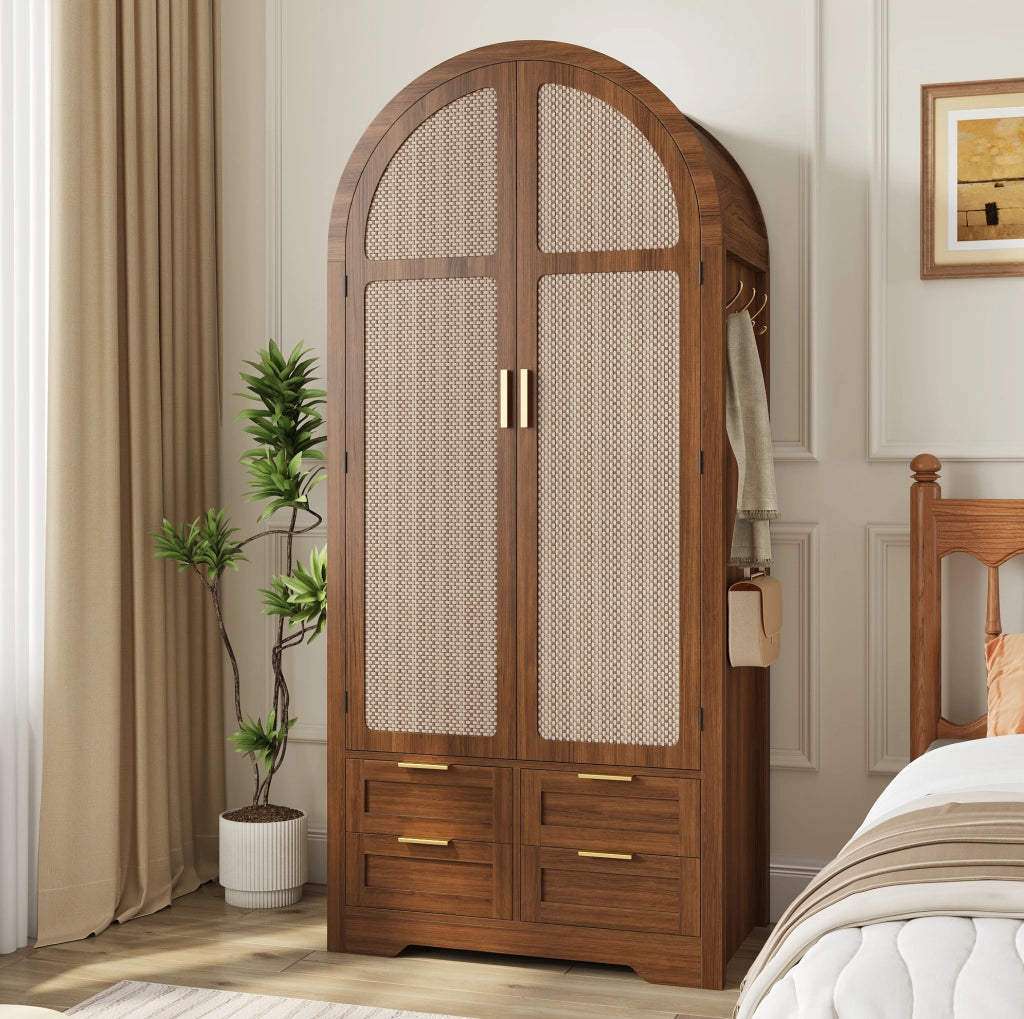 Armadio Guardaroba in Legno 80 x 50 x 180 cm con Ante Curve in Rattan Color Noce - Ideale come regalo per Halloween e Natale