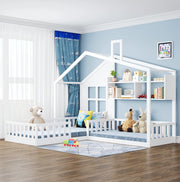 Letto per bambini a casetta 90x200 cm con ripiani e sponde; in MDF; bianco