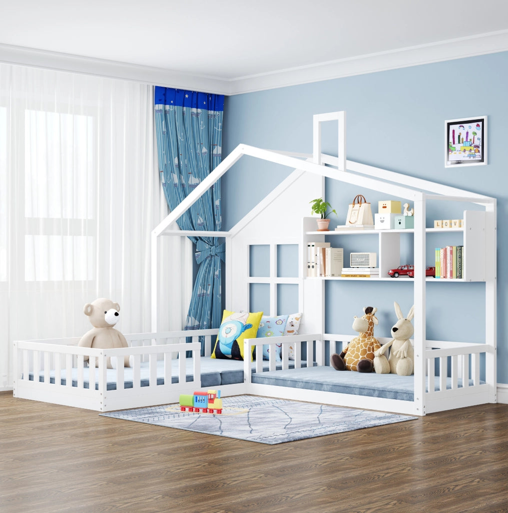 Letto per bambini a casetta 90x200 cm con ripiani e sponde; in MDF; bianco