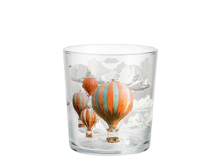 Set 3 Bicchieri Sky Voyager in Vetro da 35 cl – Bicchieri Acqua con Decorazione Mongolfiere Colorate e Nuvole, Design Originale per Tavola, Succhi e Bevande H&H
