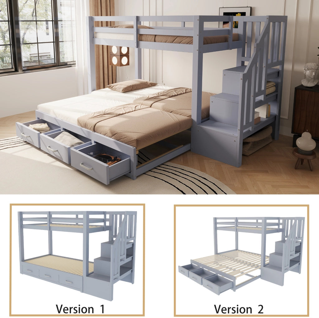 Letto a castello ULEVR 90x200 cm con letto estraibile 90/180x190 cm, 3 cassetti e scala contenitore, grigio