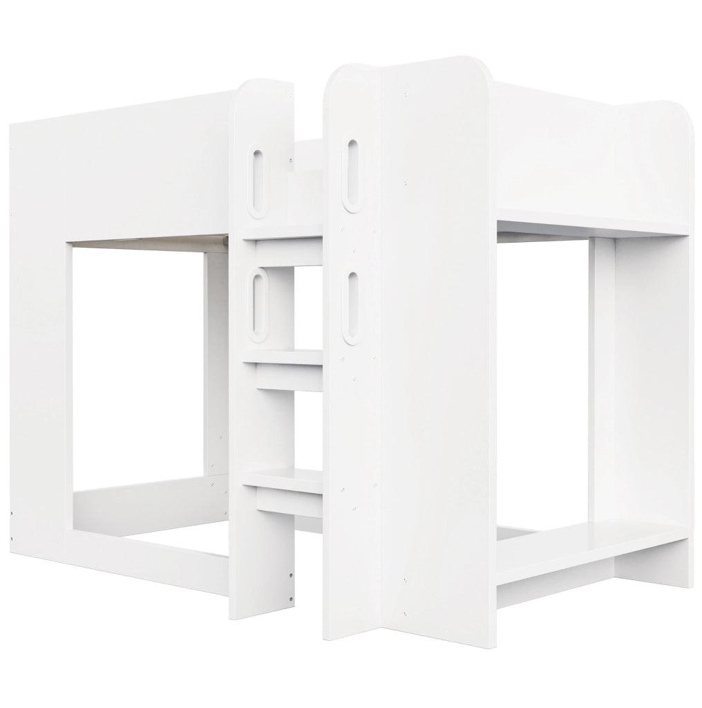 Letto a castello 90x200 cm in compensato e MDF bianco con ripiani laterali