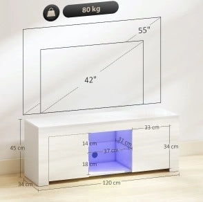 Mobile TV in truciolato bianco con illuminazione LED RGB, 2 ante, ripiano in vetro, 120x34x45 cm