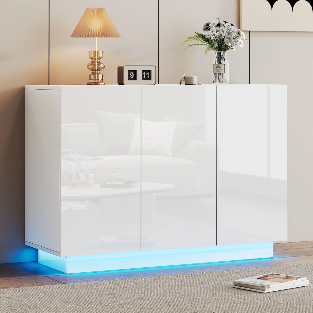 Credenza 120 × 40 × 75 cm con 3 ante e ripiani regolabili in pannello truciolare bianco lucido LED Bluetooth