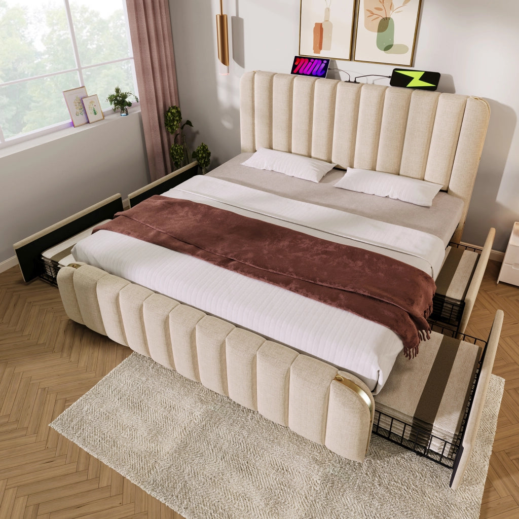 Letto matrimoniale con testiera imbottita USB e Type-C 180 × 200 cm in lino beige con quattro cassetti