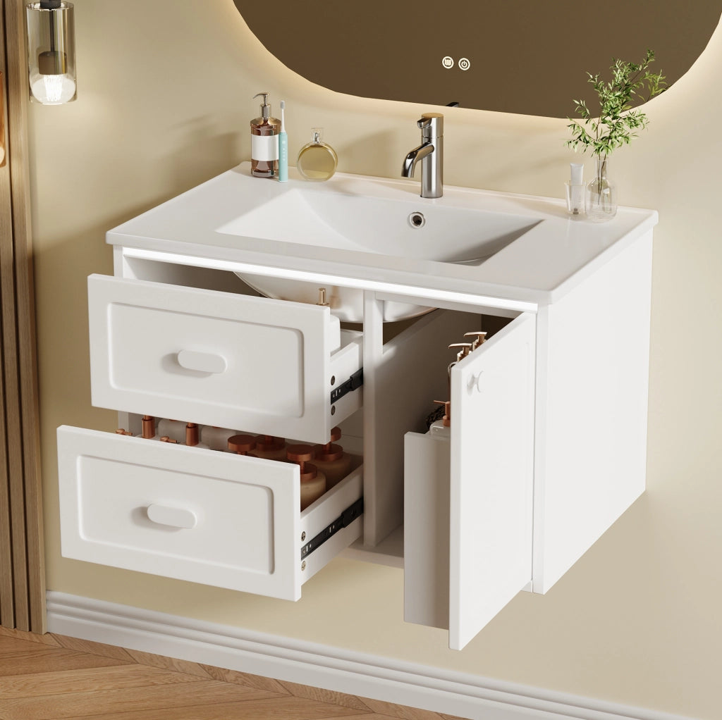 Mobile bagno sospeso bianco 76x46x51 cm con lavabo in ceramica integrato e illuminazione LED a sensore radar