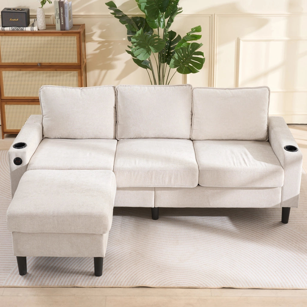 Divano angolare 3 posti 202x137x80 cm con pouf; USB/USB-C e portabevande; beige