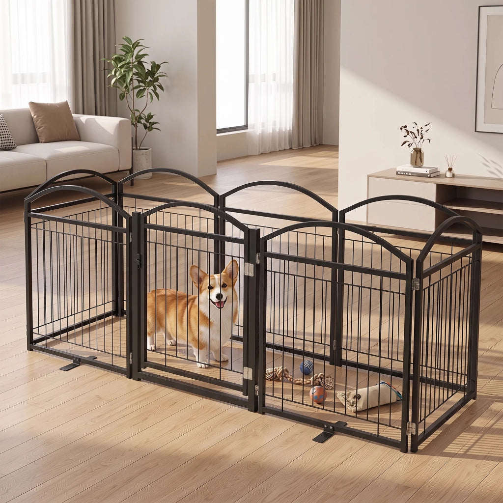 Cancello di Sicurezza per Cani 8 Pannelli in Metallo 480x81cm con Porta Barriera Pieghevole per Casa Nero