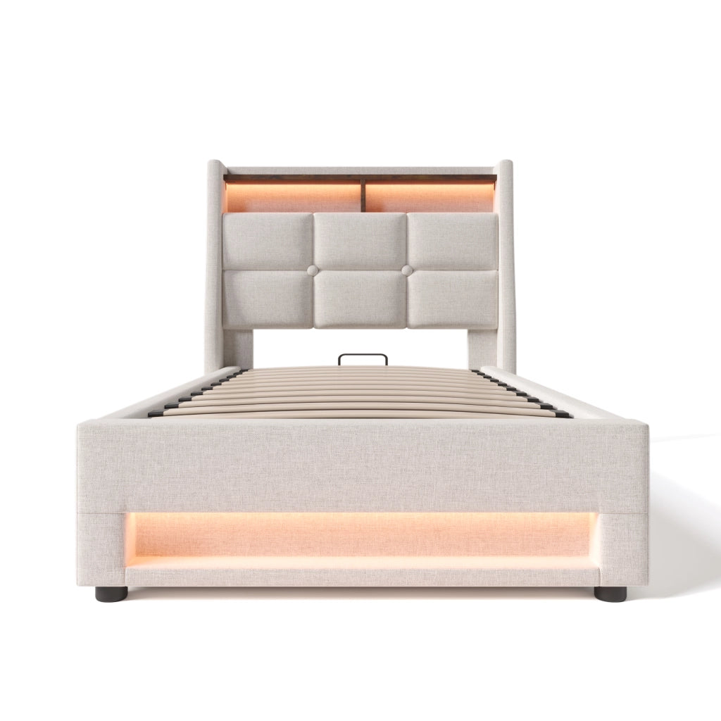 Letto imbottito singolo 90x200 cm beige con illuminazione LED