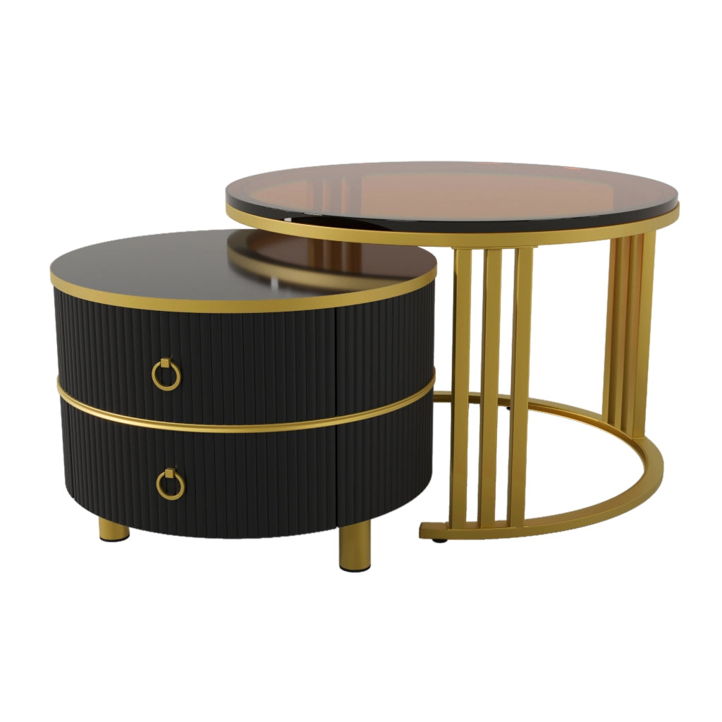 Tavolino da salotto set di 2 rotondi con 2 cassetti in MDF e vetro temprato nero e oro con gambe in metallo