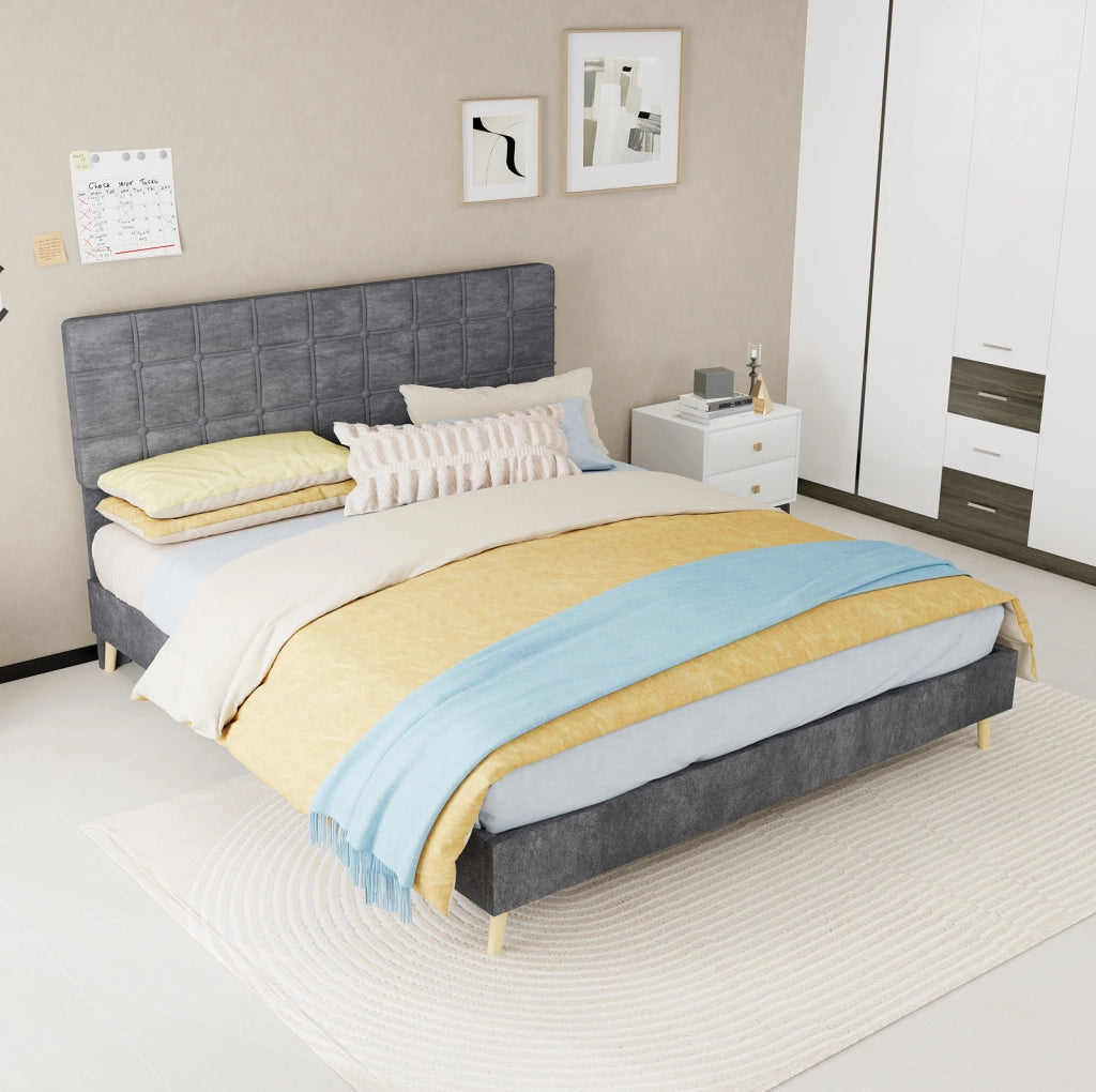 Letto matrimoniale grigio scuro in tessuto con testiera imbottita a quadri, 160x200 cm, con materasso incluso