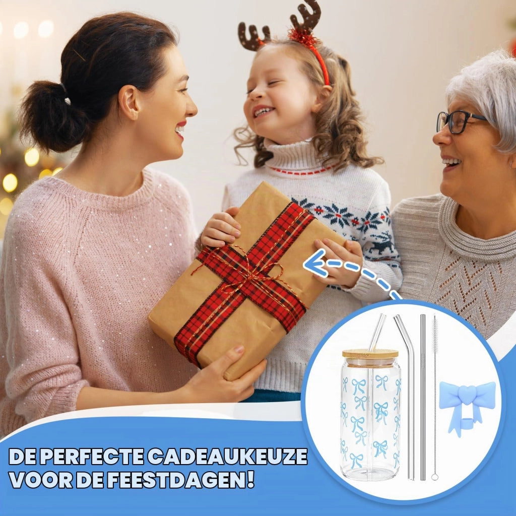 Set di bicchieri in vetro con coperchio e cannucce, capacità 40 ml, colore blu