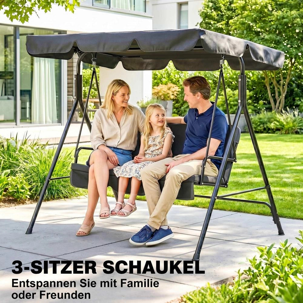 Dondolo da Giardino 3 Posti con Tettuccio Parasole Inclinabile, Struttura in Acciaio, Nero, 172 cm x 110 cm x 153 cm